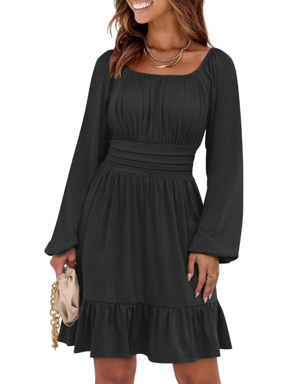 Women's Black Lantern Sleeve Square Neck Elastic Waist A-Line Short Dresses